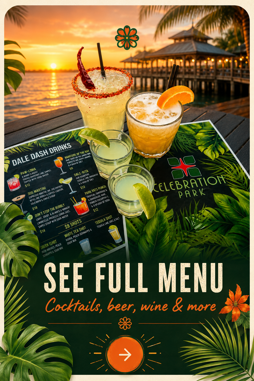 Celebration Park full drinks menu preview — cocktails, wine, beer, and daily specials