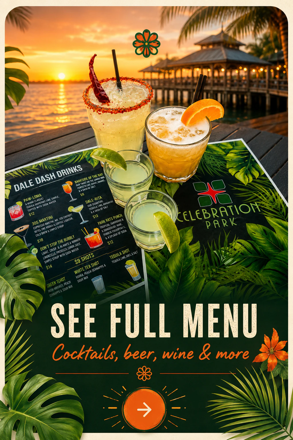 Celebration Park full drinks menu preview — cocktails, wine, beer, and daily specials