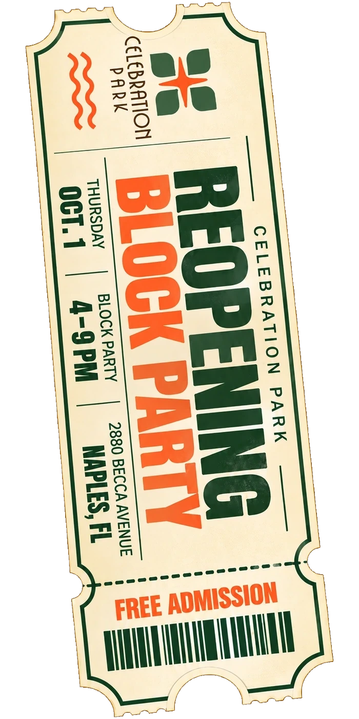 Celebration Park Reopening Block Party ticket — Oct. 1, 4–9 PM, 2880 Becca Avenue Naples, free admission