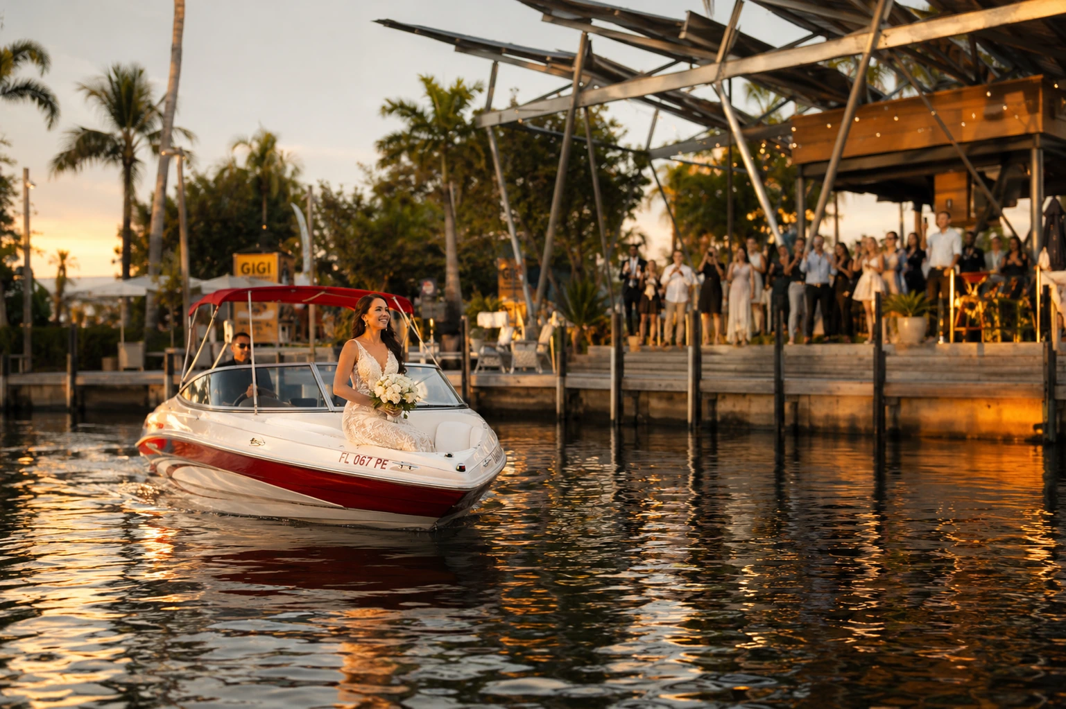 Bride arrival by boat at Celebration Park Naples