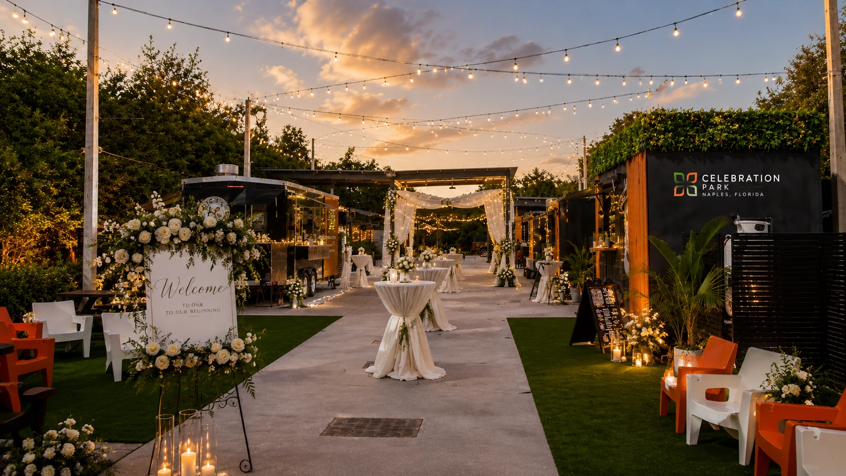 Elegant wedding welcome reception at Celebration Park Naples
